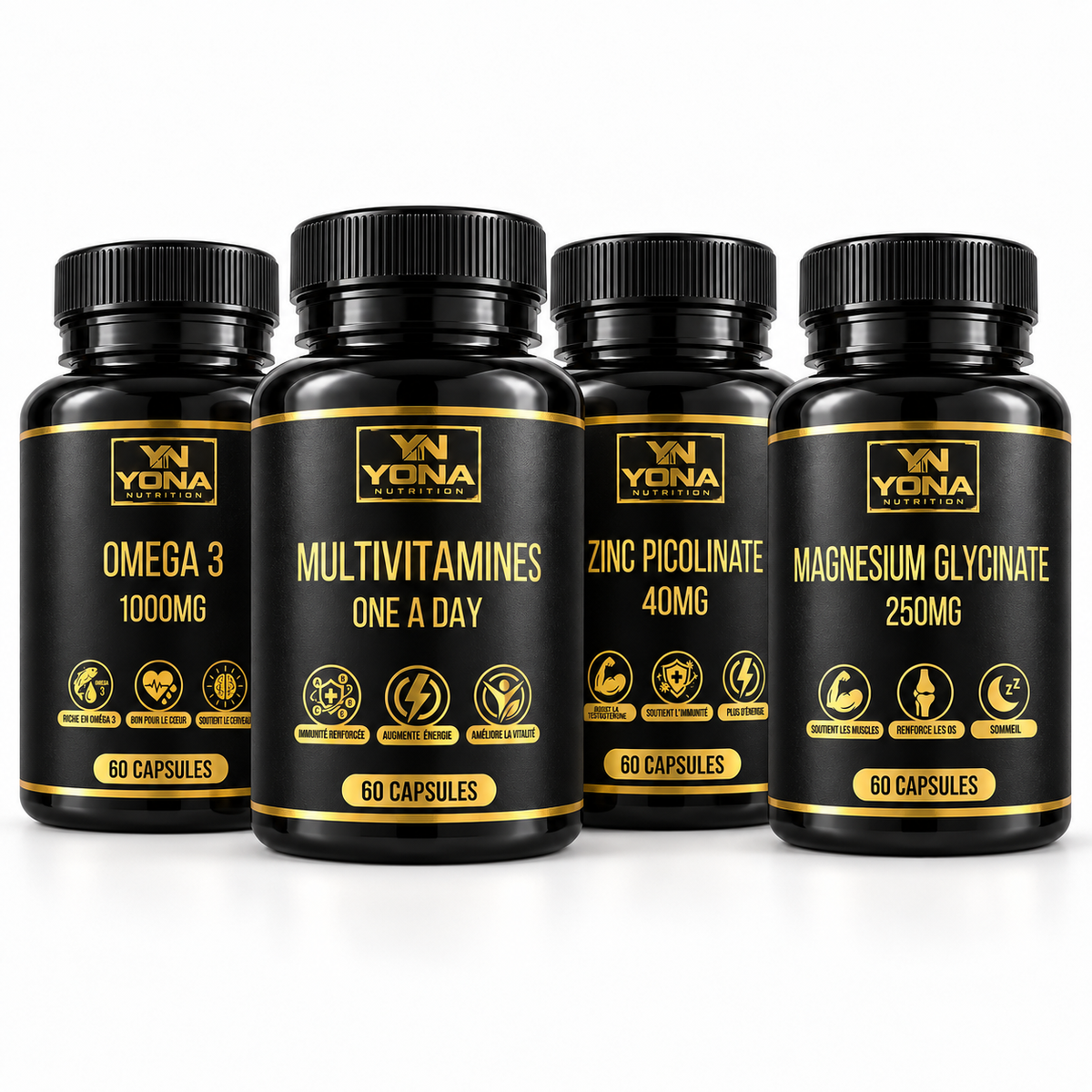 Pack Essentiels Yona Nutrition — 4 compléments : Magnesium, Zinc, Omega3, Multivitamins