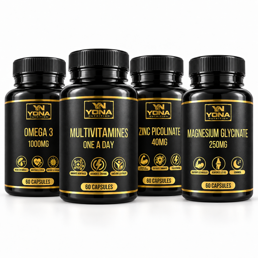 Pack Essentiels Yona Nutrition — 4 compléments : Magnesium, Zinc, Omega3, Multivitamins